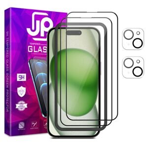 JP Full Pack Tvrzených skel, 2x 3D sklo s aplikátorem + 2x sklo na čočku, iPhone 15