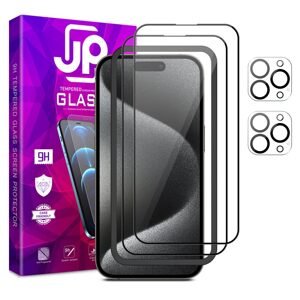 JP Full Pack Tvrzených skel, 2x 3D sklo s aplikátorem + 2x sklo na čočku, iPhone 15 Pro