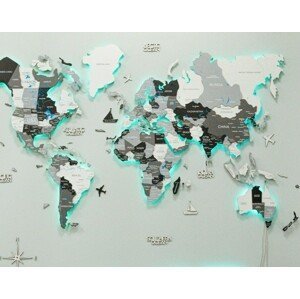 Mapa světa s RGB LED podsvícením 3D BÍLO-ŠEDÁ - 150 cm x 90 cm