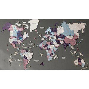 Světová 3D mapa na stěnu dřevěná - PASTEL 150 x 90cm