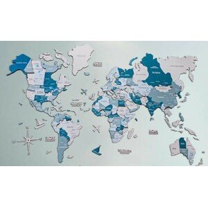 Dřevěná mapa světa na stěnu 3D - AQUA 150x90 cm