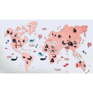 Mapa světa pro děti dřevěná 2D na stěnu - RŮŽOVÁ 150x90cm