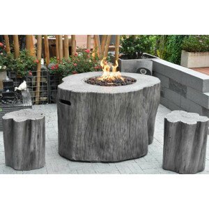 Stůl s ohništěm na plyn (propan) - přenosný z litého betonu - Imitace dřevěný pařez Šedý