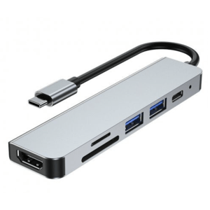 PartnerTele USB-C HUB - 6 in 1 - HDTV+TF/SD+USB3.0+PD - šedá