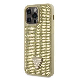 Pouzdro Guess Rhinestones Triangle Metal Logo kryt pro Apple iPhone 14 PRO MAX Gold