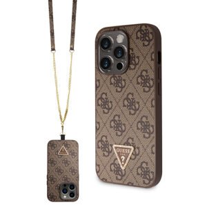 Pouzdro Guess PU 4G Strass Triangle Metal Logo + Crossbody popruh pro Apple iPhone 15 PRO Brown