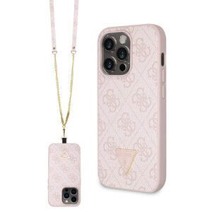 Pouzdro Guess PU 4G Strass Triangle Metal Logo + Crossbody popruh pro Apple iPhone 15 PRO MAX Pink