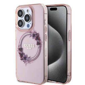 Pouzdro Guess PC/TPU Flowers Ring Glossy Logo MagSafe Apple iPhone 15 PRO Pink