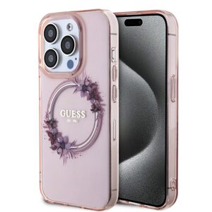 Pouzdro Guess PC/TPU Flowers Ring Glossy Logo MagSafe Apple iPhone 15 PRO MAX Pink