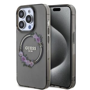 Pouzdro Guess PC/TPU Flowers Ring Glossy Logo MagSafe pro Apple iPhone 13 PRO Black