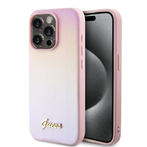 Pouzdro Guess PU Leather Iridescent Metal Script zadní kryt Apple iPhone 15 PRO Pink