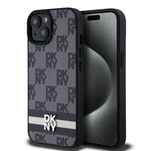Pouzdro DKNY PU Leather Checkered Pattern and Stripe Apple iPhone 15 Black