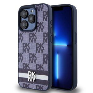 Pouzdro DKNY PU Leather Checkered Pattern and Stripe Apple iPhone 15 PRO MAX Blue