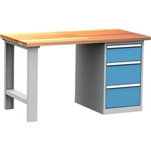 Dílenský stůl - 150 x 85 x 75 cm, světle šedý/modrá/buk