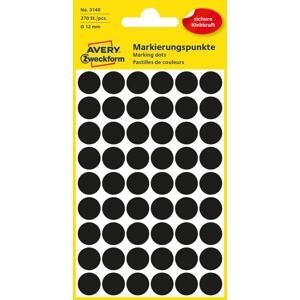 Kulaté etikety Avery Zweckform - černé, průměr 12 mm, 270 ks