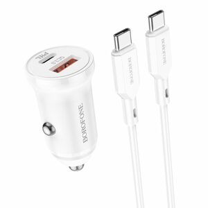 Borofone BZ18A nabíječka do auta - USB-C + USB - PD 20W QC 3.0 18W s kabelem USB-C - USB-C, bílá