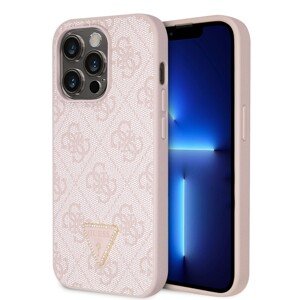 Guess PU 4G Strass Triangle Metal Logo Zadní Kryt pro iPhone 15 Pro Pink