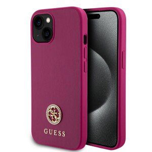 Guess PU 4G Strass Metal Logo Zadní Kryt pro iPhone 15 Pink