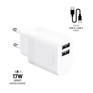 Set síťové nabíječky FIXED s 2xUSB výstupem a USB/USB-C kabelu, 1 metr, 17W Smart Rapid Charge, bílá