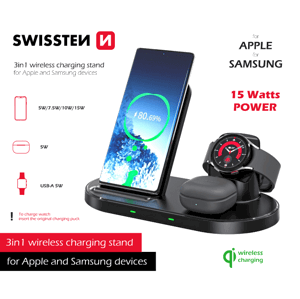 Swissten wireless nabíječka 3v1 stand pro apple a samsung černá