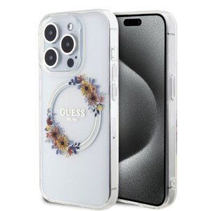 Guess PC/TPU Flowers Ring Glossy Logo MagSafe Zadní Kryt pro iPhone 14 Pro Transparent