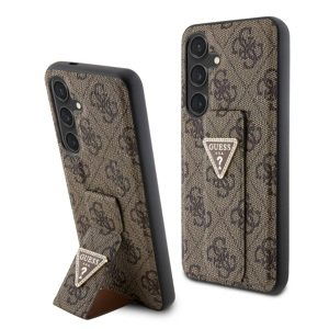 Guess PU Grip Stand 4G Strass Triangle Metal Logo Zadní Kryt pro Samsung Galaxy S24 Brown