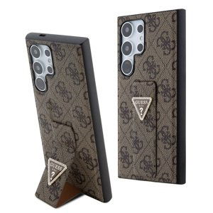 Guess PU Grip Stand 4G Strass Triangle Metal Logo Zadní Kryt pro Samsung Galaxy S24 Ultra  Brown