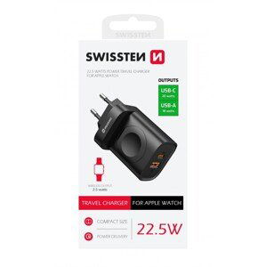 Adaptér Swissten s funkcí rychlonabíjení 1x USB-A, 1x USB-C a Apple Watch 20W černý