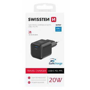Adaptér Swissten Gan s funkcí rychlonabíjení 1x USB-C 20W černý