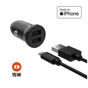 Set autonabíječky FIXED s 2xUSB výstupem a USB/Lightning kabelu, 1 metr, MFi certifikace, 15W Smart Rapid Charge, černá