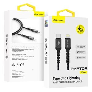 Datový kabel Blavec Raptor Braided - Type C to Lightning - PD 20W 2,4A 0,25m (CRA-CL24BG025) černo-šedý