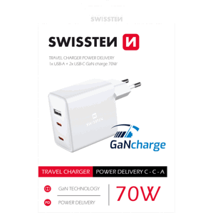 Swissten síťový adaptér gan 2x usb-c + 1xusb 70w