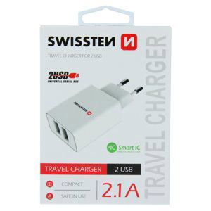 Swissten síťový adaptér smart ic 2x usb 2,1a power bílý