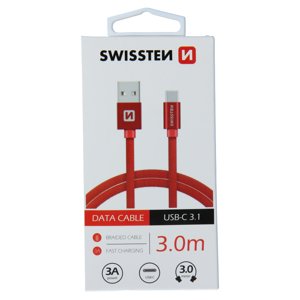 Datový kabel swissten textile usb / usb-c 3,0 m červený