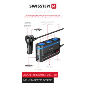 Adaptér do auta Swissten lighter socket s funkcí rychlonabíjení černý