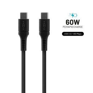 Krátký nabíjecí a datový Liquid silicone kabel FIXED s konektory USB-C/USB-C a podporou PD, 0.5m, USB 2.0, 60W, černý