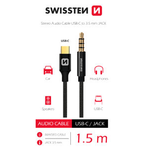 Audio adaptér swissten textile usb-c - 3,5 mm jack 1,5m černý