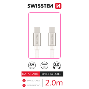 Datový kabel Swissten Textile USB-C/USB-C, 2m, stříbrná