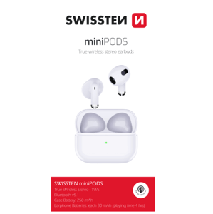 Bezdrátová sluchátka Bluetooth TWS Swissten Minipods, bílá
