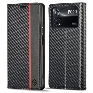 IMEEKE CARBON Peněženkový kryt Xiaomi Poco X4 Pro 5G černý