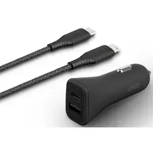 Nabíječka do auta UNIQ  Votra Duo P30 USB-C PD 30W MFI + cable USB-C - lightning charcoal black (UNIQ-VOTRABUN-BLACK)