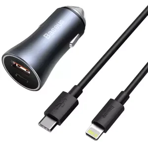 Nabíječka do auta Baseus Golden Contactor Pro car charger, USB + USB-C, QC4.0+, PD, SCP, 40W (dark gray) with Cable Type-C to iP 1m Black (6953156207639)