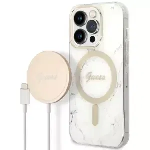 Kryt Guess Case + Charger Set iPhone 14 Pro 6,1" white hard case Marble MagSafe (GUBPP14LHMEACSH)