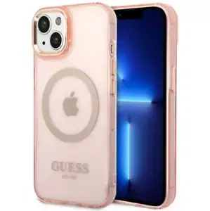 Kryt Guess iPhone 14 6,1" pink hard case Gold Outline Translucent MagSafe (GUHMP14SHTCMP)