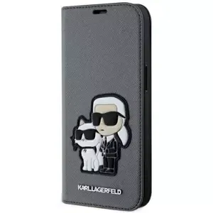 Pouzdro Karl Lagerfeld iPhone 14 6.1" bookcase silver Saffiano Karl & Choupette (KLBKP14SSANKCPG)