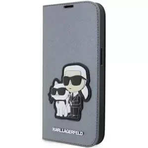 Pouzdro Karl Lagerfeld iPhone 14 Pro Max 6.7" bookcase silver Saffiano Karl & Choupette (KLBKP14XSANKCPG)