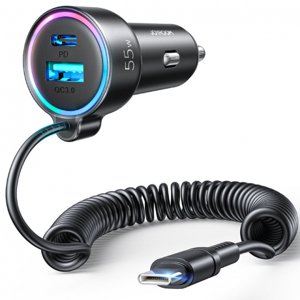 Joyroom 3in1 autonabíječka USB / USB-C 55W + vstavaný kabel USB-C, černá (JR-CL07)