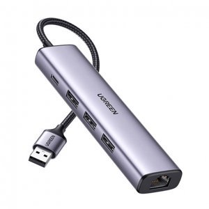Ugreen 5in1 HUB adaptér 3x USB 3.0 / RJ45 / USB-C, stříbrný (60554)