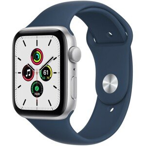 Apple Watch SE GPS 44mm stříbrné s hlubokomořsky modrým sportovním řemínkem