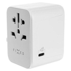 FIXED cestovní adaptér pro EU, UK a USA/AUS, 1xUSB-C a 2xUSB, GaN, PD 30W, bílý